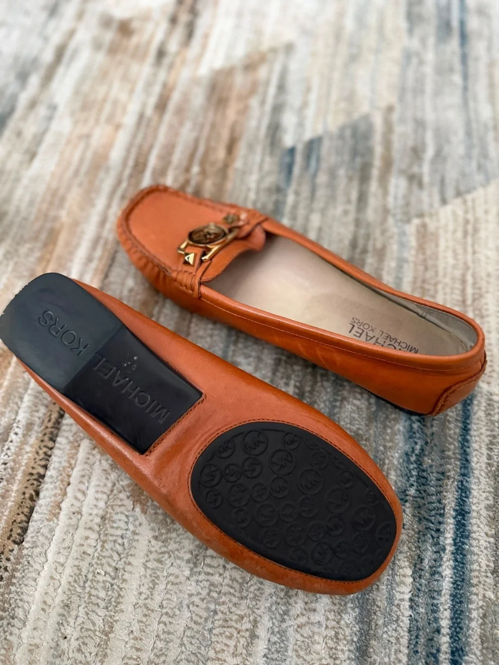 Michael Kors Orange Leather Moccasin Loafers with Gold MK Hardware